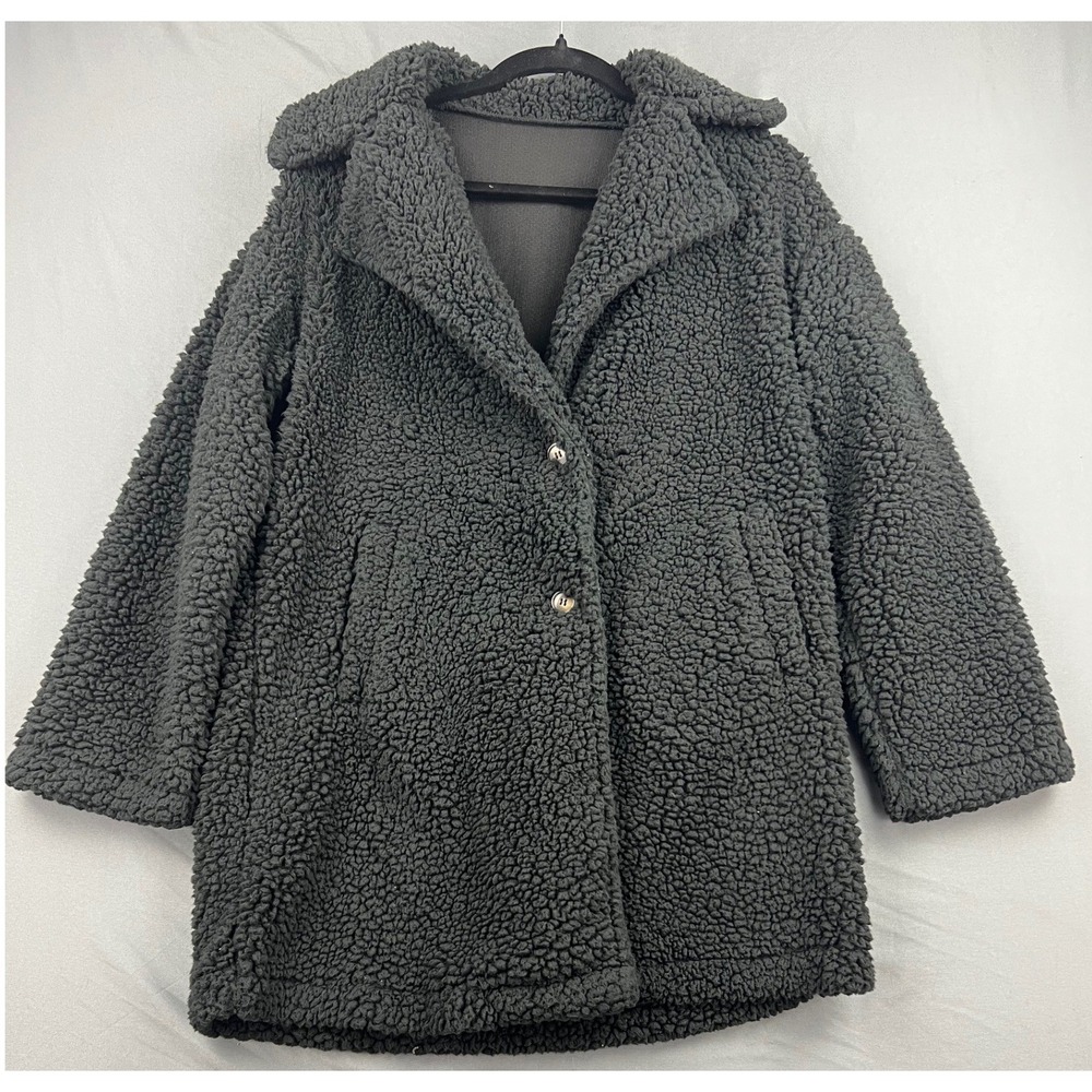 Shein Teddy Coat Womens XS Faux Shearling Jacket Dark Grey Notch Lapel Good